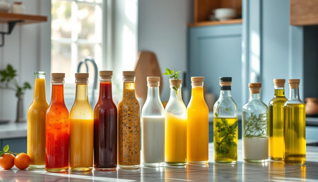 A vibrant display of zesty dressings and sauces on a marble countertop, bathed in natural light filtering through a nearby window. Slender glass bottles contain an array of tantalizing condiments - crisp vinaigrettes, creamy yogurt-based dressings, and fragrant herb-infused oils. The minimalist, Scandinavian-inspired kitchen setting, with its light blue cabinetry and wooden accents, provides a serene, uncluttered backdrop, allowing the colorful sauces to take center stage. The scene exudes a fresh, summery vibe, perfectly capturing the essence of cold, no-heat meals that are both nourishing and delightful.