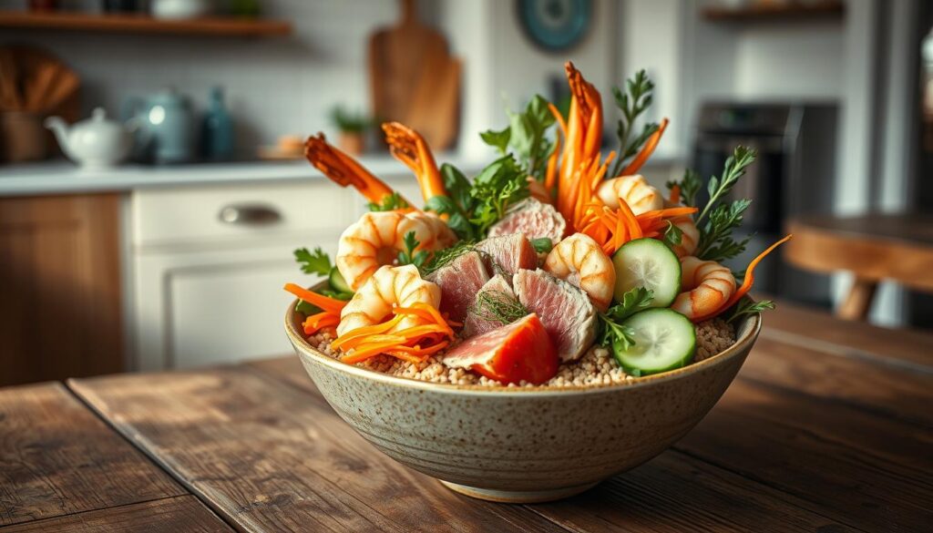 A vibrant grain bowl overflows with an abundance of fresh seafood and crisp vegetables, artfully arranged on a rustic wooden table in a cozy, minimalist kitchen. The bowl's contents include plump shrimp, tender morsels of seared tuna, crunchy julienned carrots, sliced cucumber, and a scattering of nutty quinoa. The lighting is soft and warm, casting a gentle glow over the scene, complemented by the light blue accents that add a calming touch to the space. The composition is balanced and visually appealing, inviting the viewer to savor this nourishing and satisfying lunch option.