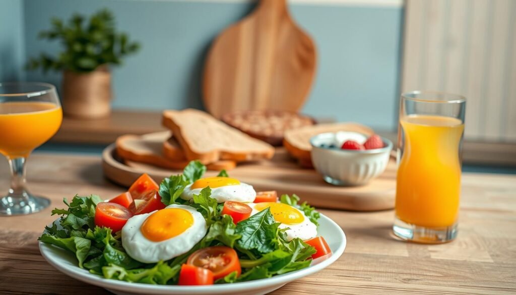 A vibrant, nutrient-dense breakfast spread set against a cozy, minimal kitchen backdrop. In the foreground, a plate overflows with poached eggs, avocado, leafy greens, and sliced tomatoes. Nearby, a glass of freshly squeezed orange juice reflects the warm morning light. In the middle ground, a platter of crisp whole-grain toast and a bowl of Greek yogurt with fresh berries sit atop a rustic wooden table. The background features light blue accent walls and natural wooden textures, creating a calming, balanced atmosphere. Soft, diffused lighting highlights the vibrant colors and natural textures of this healthy, low-calorie breakfast spread.