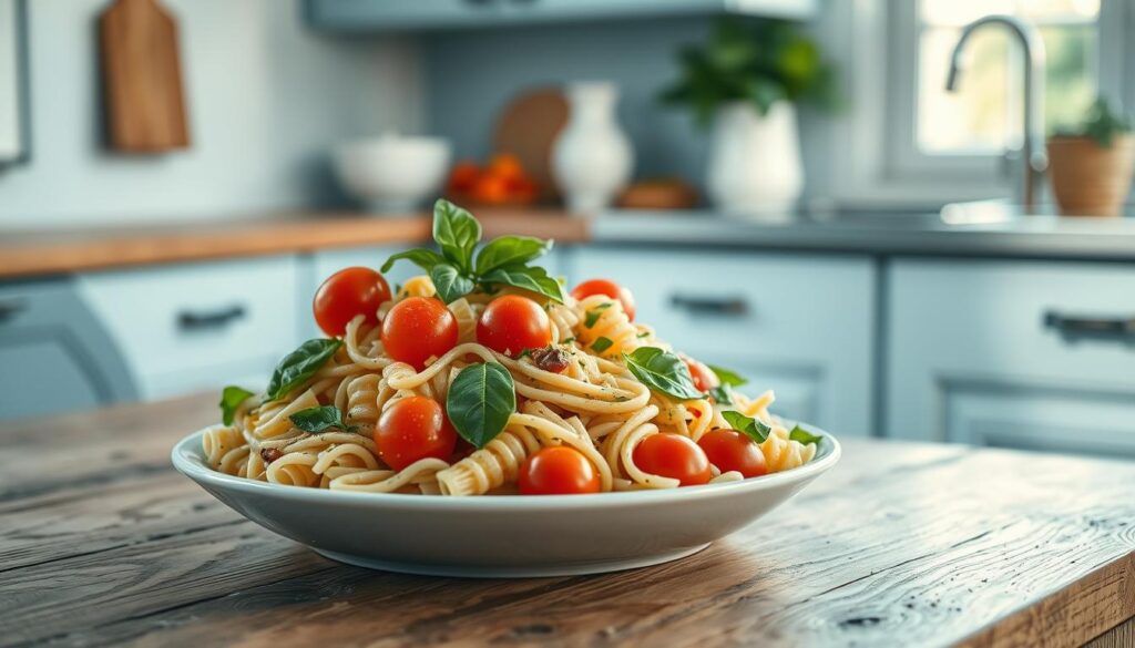 A vibrant pasta salad with al dente rotini, juicy cherry tomatoes, and fresh basil leaves, dressed in a light, tangy vinaigrette. The composition is arranged on a rustic wooden table, with soft, natural lighting filtering through a nearby window, casting a warm, inviting glow. The scene exudes a sense of simplicity and freshness, perfectly capturing the "Refreshing Pasta and Grain Salad Concepts" theme. The minimal kitchen setting, with its light blue accents and clean, uncluttered aesthetic, enhances the overall mood of the image.