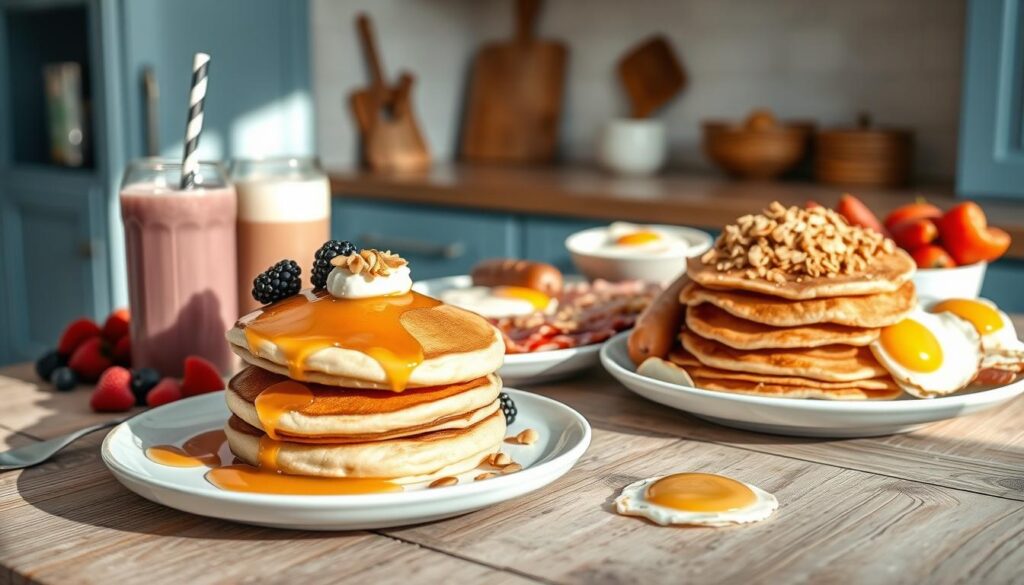 A vibrant, protein-rich breakfast spread on a rustic wooden table, with a focus on various high-protein foods. In the foreground, a plate features a stack of fluffy pancakes, drizzled with honey and sprinkled with fresh berries. Alongside, a glass of frothy protein-enriched smoothie and a bowl of creamy Greek yogurt topped with crunchy granola and sliced almonds. In the middle ground, a platter showcases crisp bacon, savory sausages, and perfectly cooked eggs in a variety of styles. The background features a minimalist kitchen setting with light blue accents, natural light streaming in, and subtle wooden textures creating a warm, inviting atmosphere.