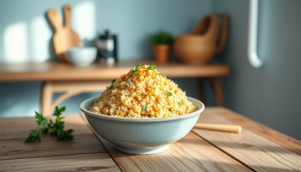 A vibrant quinoa and nutritional yeast bowl sits atop a rustic wooden table in a cozy, minimalist kitchen. The quinoa is fluffy and golden, topped with a generous sprinkle of savory nutritional yeast. Fresh herbs, such as parsley or chives, add a pop of green. The bowl is surrounded by a serene, light blue backdrop, creating a soothing, calming atmosphere. Soft, natural lighting casts a warm glow, highlighting the textures and colors of the ingredients. The composition is balanced and inviting, showcasing the simple yet nutritious meal.