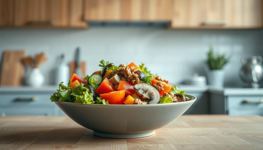 A vibrant salad bowl arrangement set against a cozy, minimalist kitchen backdrop. A selection of freshly chopped vegetables - crisp lettuce, juicy tomatoes, crunchy cucumber, colorful bell peppers, and earthy mushrooms - artfully arranged in a sleek, ceramic serving bowl. Complementing the vegetables, a protein-packed addition like grilled chicken or roasted chickpeas, and a sprinkle of toasted nuts and seeds for texture. Soft, natural lighting filters in, casting a warm glow and highlighting the dish's vibrant hues. The wooden textures of the countertop and cabinetry provide a rustic contrast, while light blue accents lend a calming, office-friendly ambiance. An inviting, work-friendly salad that nourishes both body and mind.