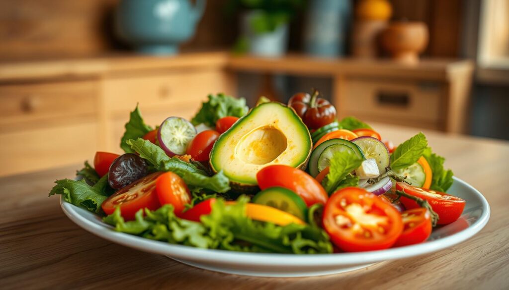 A vibrant salad with an abundance of fresh vegetables and a creamy avocado nestled on a white ceramic plate. The salad is composed of crisp greens, juicy tomatoes, crunchy cucumbers, and vibrant bell peppers, all drizzled with a light vinaigrette dressing. The avocado half is carefully placed in the center, its rich green hue and smooth texture contrasting beautifully with the colorful vegetables. The scene is set in a cozy, minimal kitchen with warm wooden textures and light blue accents, bathed in soft, natural lighting that highlights the salad's freshness and vibrant colors. The angle is slightly elevated, giving a clear view of the composed salad and its appealing, appetizing presentation.