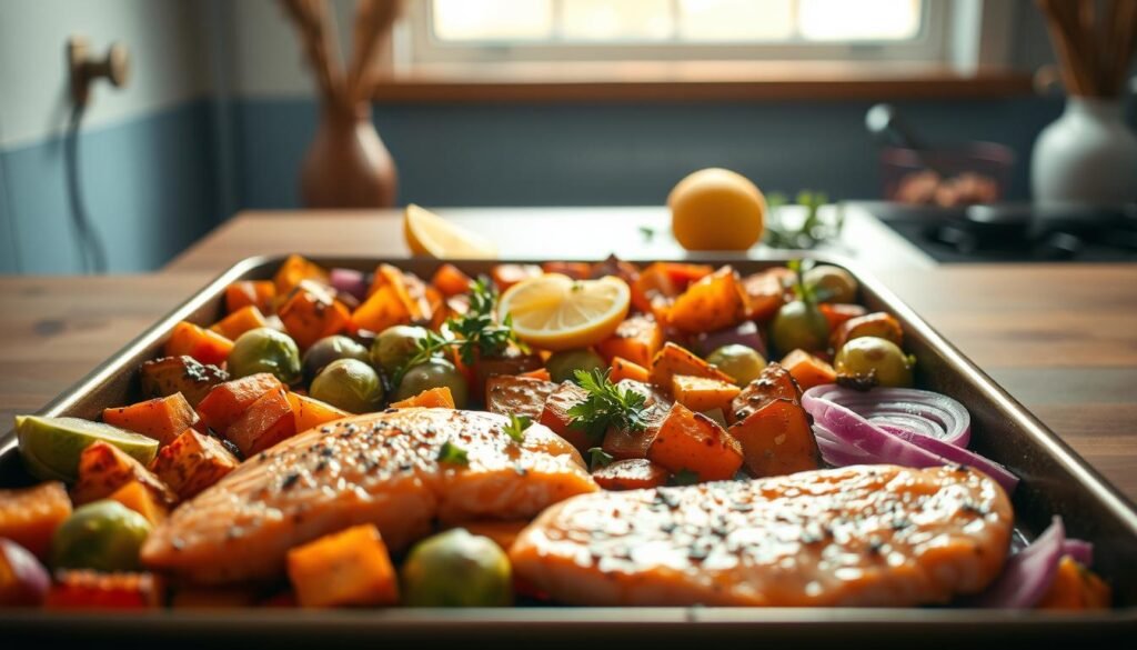A vibrant sheet pan filled with an array of nutritious ingredients, bathed in warm, natural lighting that filters through a kitchen window. In the foreground, tender salmon fillets and colorful roasted vegetables - sweet potatoes, Brussels sprouts, and red onions - sizzle on the baking sheet. In the middle ground, a scattering of fresh herbs and lemon wedges add pops of color and fragrance. The background features a minimal, cozy kitchen setting with soft blue accents and natural wooden textures, creating a serene and inviting atmosphere, perfect for a wholesome and easy-to-prepare lunch meal.