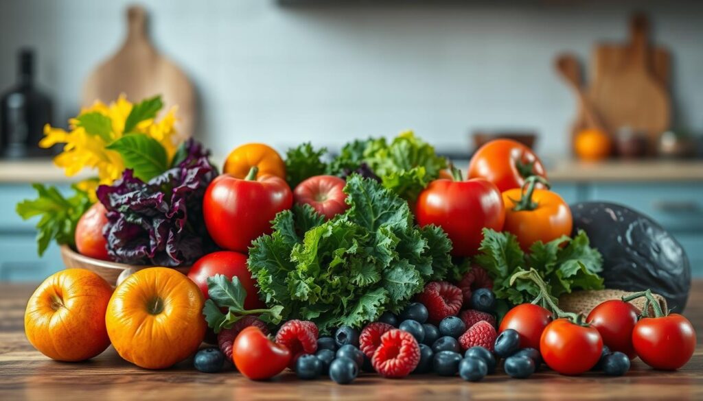A vibrant still life arrangement of freshly harvested fruits and vegetables nestled on a wooden kitchen counter. In the foreground, a colorful array of produce including juicy oranges, crisp red apples, leafy kale, and bright-red tomatoes. In the middle ground, a scattering of blueberries, raspberries, and purple cabbage. The soft, natural lighting casts a warm glow, accentuating the textures and colors. The background features a simple, minimalist kitchen setting with light blue accents, creating a cozy, tranquil atmosphere. The overall composition exudes a sense of abundance, wellness, and the joy of preparing nourishing, no-heat lunchbox meals.