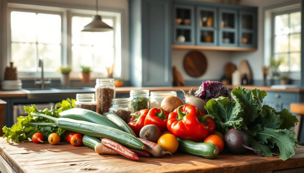 A vibrant still life arrangement showcases an array of colorful vegetables on a rustic wooden table in a cozy, minimalist kitchen setting. Sunlight streams in through large windows, casting a warm glow on the scene. The foreground features an assortment of freshly harvested produce, including vibrant red bell peppers, crisp green zucchini, earthy beets, and leafy kale. In the middle ground, glass jars filled with various spices and herbs add depth and texture. The background is composed of muted blue-gray cabinetry and simple decor, allowing the vegetables to take center stage. The overall mood is one of health, nourishment, and the inherent beauty of a colorful, plant-based diet.