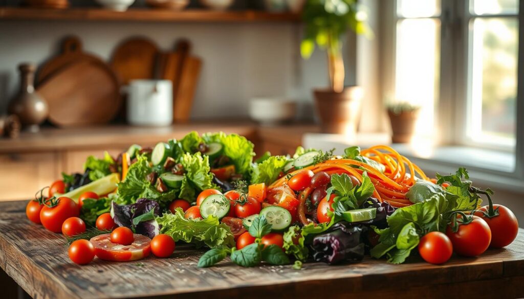 A vibrant still life of an assortment of colorful salad variations, artfully arranged on a rustic wooden table in a cozy, minimal kitchen. Crisp lettuce, juicy tomatoes, crunchy cucumbers, and an array of fresh, vibrant vegetables in hues of green, red, orange, and purple. Garnished with a sprinkling of herbs and a drizzle of dressing, casting soft shadows under the warm, natural lighting from a nearby window. The scene evokes a sense of freshness, health, and simple, elevated elegance.