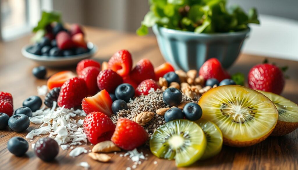 A vibrant still life of creative breakfast toppings arranged on a wooden table. In the foreground, a variety of colorful berries, sliced kiwi, and toasted coconut flakes. In the middle ground, a sprinkling of chia seeds, chopped nuts, and a drizzle of honey. The background features a light blue ceramic bowl filled with fresh greens, bringing a touch of greenery to the scene. Soft, natural lighting illuminates the composition, highlighting the textures and hues of the ingredients. The overall mood is one of warmth, nourishment, and artful presentation, perfect for inspiring new twists on a zucchini bread overnight oats recipe.