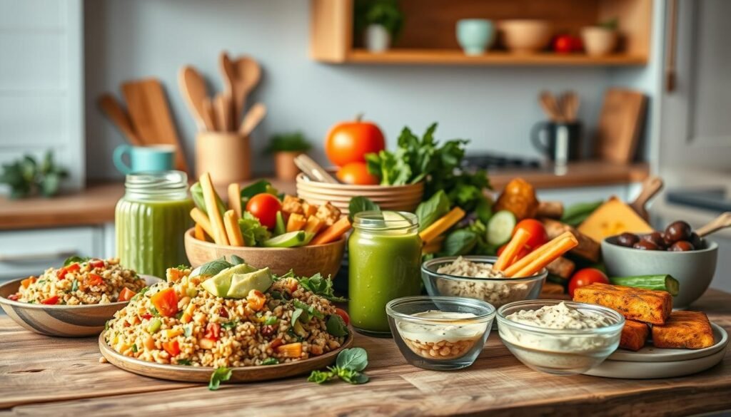 A vibrant still life showcasing a variety of delectable vegan lunch options arranged on a rustic wooden surface. In the foreground, an assortment of colorful, freshly prepared dishes, including a hearty quinoa and roasted vegetable salad, a creamy avocado and chickpea dip with crunchy carrot sticks, and a vibrant green smoothie in a glass jar. In the middle ground, a selection of plant-based protein sources, such as roasted tofu and grilled tempeh, alongside fresh leafy greens, juicy tomatoes, and crunchy cucumbers. The background features a minimalist kitchen setting with light blue accents, natural wooden textures, and soft, warm lighting, creating a cozy and inviting atmosphere.