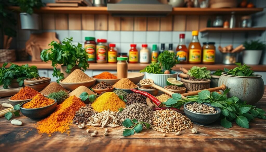 A vibrant still life showcasing an assortment of global curry spices and ingredients. In the foreground, an array of whole and ground spices such as turmeric, cumin, coriander, cardamom, and chili peppers are arranged on a rustic wooden surface. In the middle ground, an array of fresh herbs like cilantro, lemongrass, and kaffir lime leaves add pops of green. In the background, a selection of curry pastes, coconut milk, and other sauces are placed, hinting at the diversity of global curry flavors. The lighting is warm and natural, casting a soft glow over the scene, captured with a wide-angle lens to showcase the full arrangement in a cozy, minimal kitchen environment with wooden textures and light blue accents.