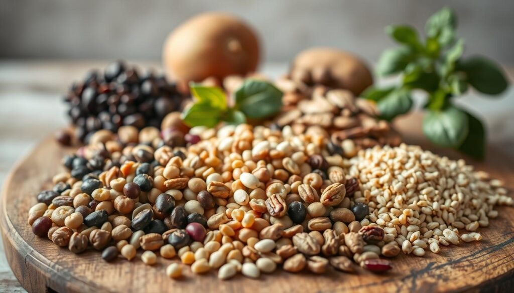 A vibrant still life showcasing an assortment of plant-based protein sources. In the foreground, an array of legumes, lentils, and whole grains are carefully arranged on a rustic wooden cutting board. The middle ground features a selection of nuts and seeds, their textures and colors creating visual interest. In the background, a few fresh leafy greens add a touch of verdant freshness. The lighting is warm and natural, casting a soft glow over the scene. The overall mood is one of simplicity, health, and abundance, capturing the essence of nourishing, plant-based protein options.