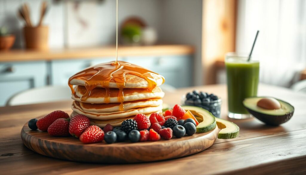 A vibrant vegan breakfast scene, captured in a cozy, minimal kitchen with wooden textures and light blue accents. On a wooden table, an artfully arranged spread of nutrient-dense foods - a stack of fluffy, golden pancakes drizzled with maple syrup, a colorful fruit medley of berries, sliced avocado, and a glass of fresh, vibrant green smoothie. Soft, diffused lighting casts a warm glow, highlighting the natural textures and colors. The overall atmosphere is one of nourishment, simplicity, and mindfulness, inviting the viewer to savor the healthful delights of a vegan morning meal.