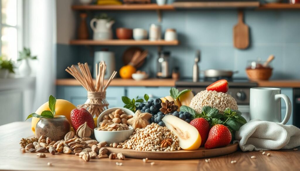 A visually appealing and appetizing arrangement of various breakfast ingredients and flavor combinations neatly presented on a wooden table with a minimalist, light blue kitchen backdrop. The composition features a variety of fresh fruits, nuts, spices, and whole grains tastefully organized to showcase their unique textures, colors, and aromas. Soft, natural lighting illuminates the scene, creating a cozy and inviting atmosphere that inspires culinary creativity. The image conveys a sense of balance, harmony, and the endless possibilities for crafting delicious and nutritious morning meals.