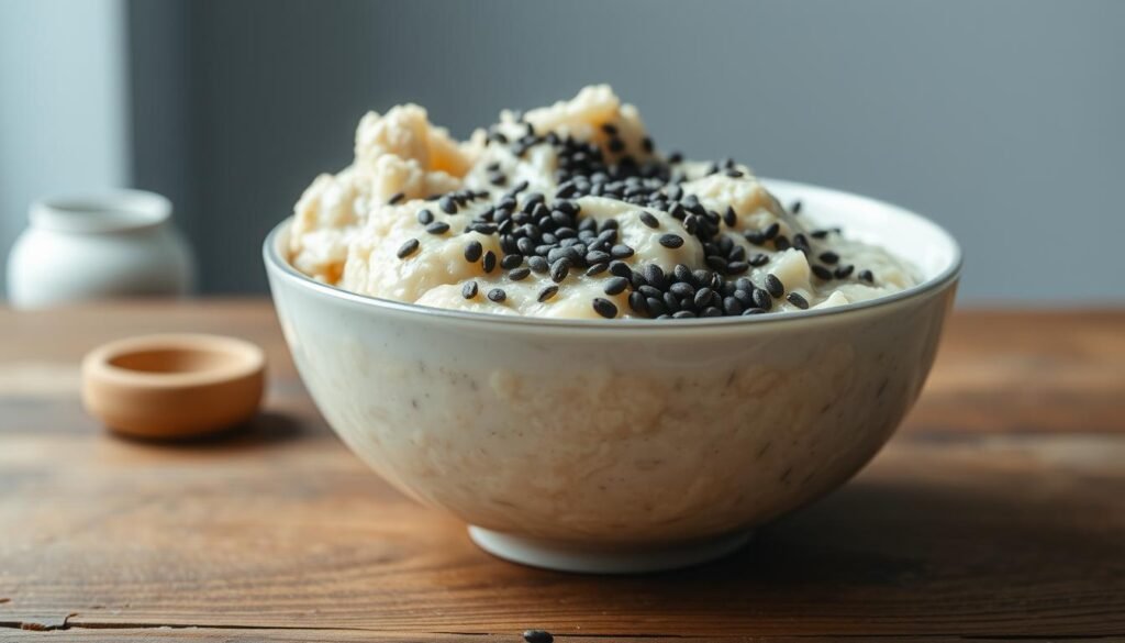 A visually appealing and appetizing close-up of a bowl filled with a creamy, dreamy overnight oats mixture, topped with a generous sprinkling of glistening black chia seeds. The oats have a rich, golden-brown hue and a soft, cloud-like texture, while the chia seeds add a delightful crunch. Positioned on a rustic wooden table against a backdrop of light blue-gray walls, creating a cozy, minimalist kitchen atmosphere. Soft, natural lighting gently illuminates the scene, highlighting the comforting and wholesome qualities of this nourishing breakfast dish.