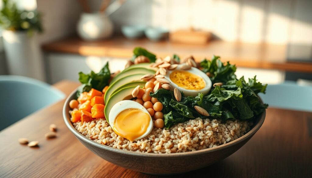 A visually appealing arrangement of diverse ingredients for a personalized grain bowl sits atop a wooden table. Quinoa, brown rice, and roasted chickpeas form the base, accented by vibrant toppings like sliced avocado, roasted sweet potato, sautéed kale, and a soft-boiled egg. Slivers of toasted almonds and a drizzle of tahini dressing add texture and flavor. The scene is bathed in warm, natural light, casting a cozy ambiance in the minimal kitchen setting with light blue accents. This inviting tableau captures the essence of a customizable, nourishing grain bowl that can be tailored to individual tastes.