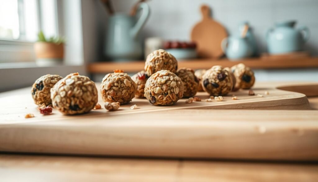 A visually appealing arrangement of homemade no-bake energy bites on a wooden board, backlit by soft, natural window light. The bites are made with wholesome ingredients like oats, nuts, seeds, and dried fruit, showcasing their natural textures and earthy tones. The kitchen scene has a minimalist, Scandinavian-inspired aesthetic with light blue accents, creating a soothing, appetizing atmosphere. The camera angle is low, capturing the bites from an eye-level perspective to highlight their freshly prepared, handcrafted quality.