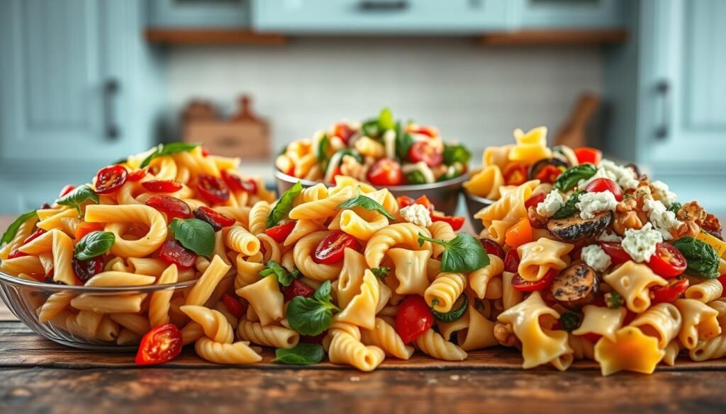 A visually appealing arrangement of various pasta salad variations, including vibrant penne with sun-dried tomatoes, basil, and pine nuts, spirals coated in a creamy herb dressing, and colorful farfalle with roasted vegetables and feta. The salads are presented on a rustic wooden table against a backdrop of light blue cabinets, creating a relaxed, inviting atmosphere. The lighting is soft and natural, highlighting the texture and flavors of the dishes. The composition emphasizes the diverse and creative possibilities of transforming simple pasta into delightful, no-heat lunchbox meals.