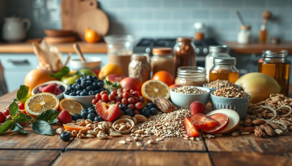 A visually appealing arrangement of versatile breakfast ingredients laid out on a rustic wooden table, bathed in soft, natural lighting. In the foreground, a selection of fresh seasonal fruits such as berries, sliced citrus, and crisp apples, complemented by a variety of nutrient-dense nuts and seeds. In the middle ground, a collection of hearty whole grains like oats, quinoa, and chia seeds, alongside jars of honey, nut butters, and yogurt. In the background, a minimalist kitchen setting with light blue tile or wooden accents, creating a cozy, inviting atmosphere that inspires a healthy, nourishing breakfast.