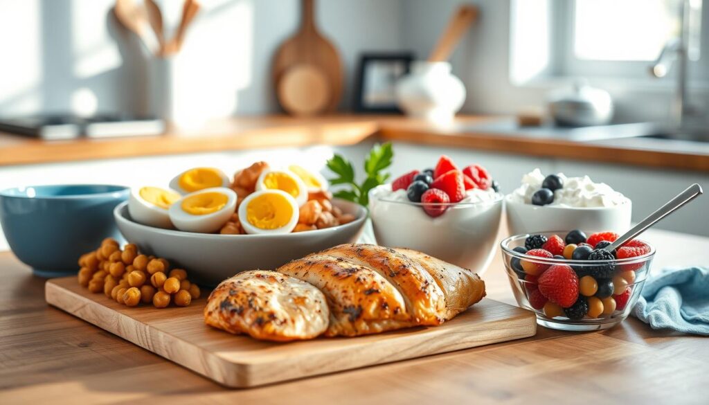 A visually appealing assortment of protein-rich office meal options, artfully arranged on a wooden kitchen counter. A variety of hard-boiled eggs, grilled chicken breast, roasted chickpeas, and Greek yogurt with berries are illuminated by soft, natural lighting. The scene is accentuated by light blue accents, creating a calming, minimalist atmosphere. The composition is thoughtfully balanced, inviting the viewer to envision a nutritious, energizing workday lunch.