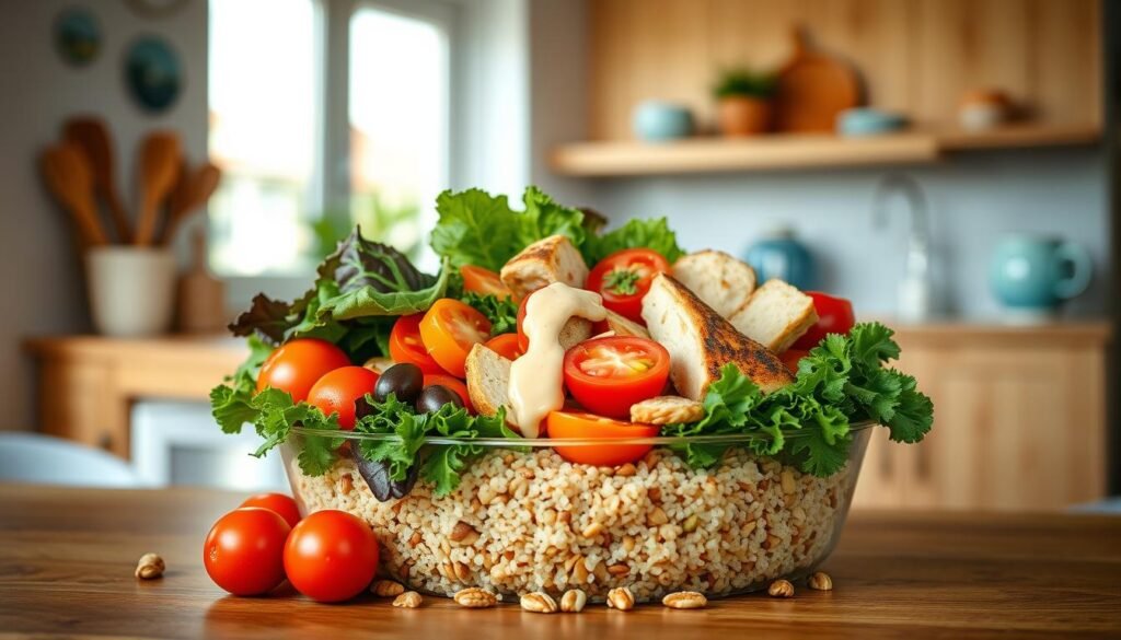 A visually appealing assortment of wholesome ingredients arranged in a balanced, nutritious bowl against a backdrop of a cozy, minimalist kitchen. In the foreground, a selection of vibrant vegetables, such as crisp leafy greens, juicy tomatoes, and crunchy bell peppers, rests atop a bed of quinoa. Accompanying these are lean protein sources, like grilled chicken or tofu, and a drizzle of a creamy, flavorful dressing. The middle ground features a scattering of toasted nuts and seeds, adding texture and nutritional value. In the background, the warm, wooden tones of the kitchen counter and cabinets create a welcoming, natural atmosphere, complemented by subtle blue accents that add a soothing touch. The overall composition is visually balanced, enticing, and reflective of a well-rounded, wholesome meal.