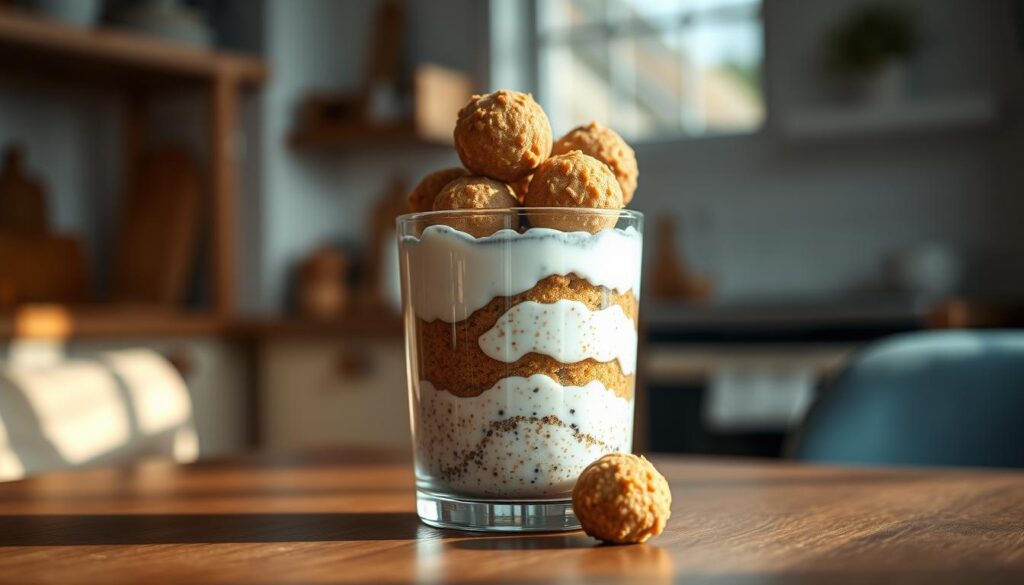 A visually appealing breakfast parfait, featuring overnight oats, rich yogurt, and decadent peanut butter balls. The parfait is beautifully layered in a clear glass, showcasing the contrasting textures and colors. The scene is set in a cozy, minimal kitchen, with warm wooden tones and light blue accents, creating a calming, inviting atmosphere. The parfait is presented on a wooden table, bathed in soft, natural lighting, capturing the essence of an early morning road trip. The parfait's delicate arrangement and mouthwatering appearance instantly evoke a sense of nourishment and convenience, perfectly aligning with the "Breakfast Solutions for Early Road Trips" theme.