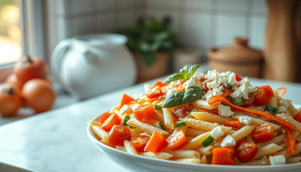 A visually appealing cold pasta salad arrangement nestled amidst a cozy, minimalist kitchen setting. A variety of vibrant, freshly chopped vegetables - cherry tomatoes, cucumber slices, bell pepper strips, and shredded carrots - are elegantly scattered across a bed of al dente penne pasta, dressed in a light, creamy dressing. Sprigs of fresh basil and crumbled feta cheese add pops of color and texture. Warm, directional lighting casts a soft, natural glow, accentuating the mouthwatering details. The overall scene exudes a sense of simplicity, freshness, and wholesome appeal, perfectly capturing the essence of a nourishing, no-heat cold pasta salad lunch.