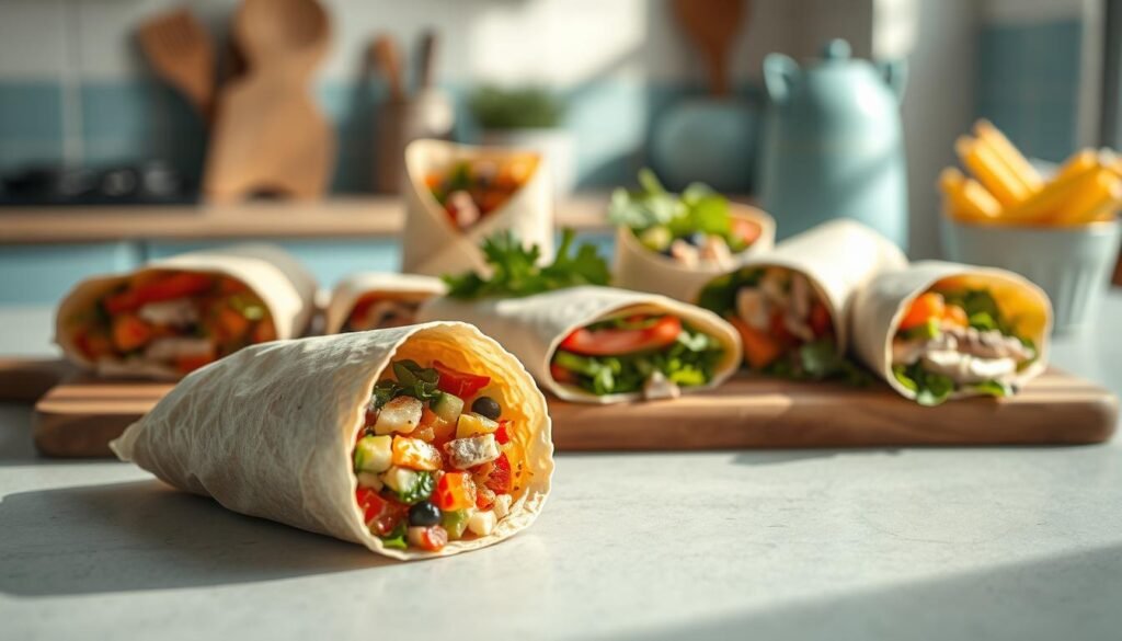 A visually appealing composition showcasing an assortment of tempting cold lunch wrap recipes. In the foreground, a crisply folded wrap with a vibrant filling spills out, invitingly. In the middle ground, additional wraps of varying flavors and textures are artfully arranged on a minimalist wooden cutting board, complemented by a handful of fresh greens. The background features a cozy kitchen setting with light blue accents, soft shadows, and a sense of natural illumination from a nearby window, creating a welcoming atmosphere. The overall scene exudes a sense of simplicity, healthfulness, and office-friendly portability.