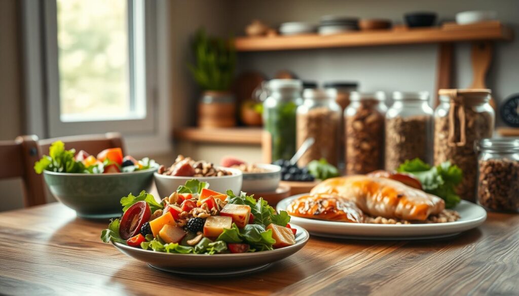 A visually appealing spread of nutritious, balanced meals arranged on a wooden kitchen table. In the foreground, a vibrant salad with fresh greens, colorful vegetables, and a light dressing. Beside it, a bowl of whole-grain cereal topped with sliced seasonal fruit and a drizzle of honey. In the middle ground, a plate featuring a lean protein like grilled chicken or baked salmon, accompanied by roasted vegetables and a side of quinoa. In the background, jars of various nuts, seeds, and dried fruits provide healthy snack options. The scene is bathed in warm, natural light filtering through a window, creating a cozy, inviting atmosphere in the minimal kitchen setting.