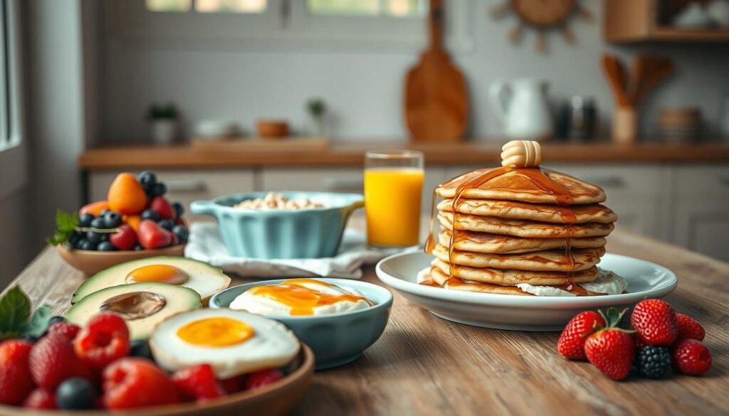A visually appealing still life arrangement of various creative breakfast recipes in a cozy, minimal kitchen environment. The foreground features an assortment of fresh, vibrant ingredients such as colorful berries, sliced avocado, poached eggs, and a stack of whole-grain pancakes drizzled with honey. The middle ground showcases a rustic wooden table with a light blue ceramic serving dish filled with overnight oats and a glass of freshly squeezed orange juice. The background is defined by warm, natural lighting filtering through a window, casting a soft glow on the scene. The overall mood is one of simplicity, nourishment, and a touch of elegance.