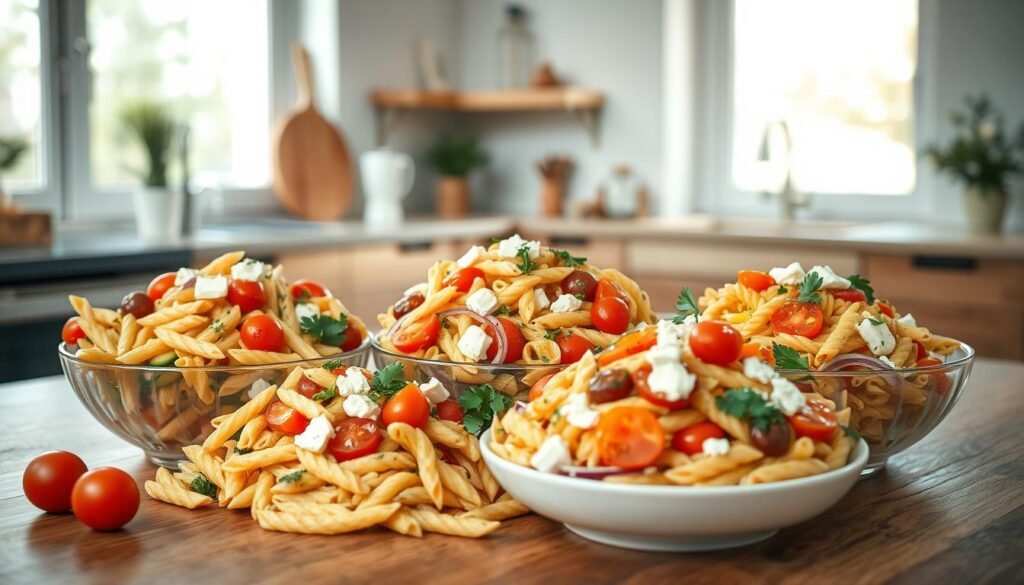 A visually appealing still life composition of various pasta salad variations arranged on a wooden table in a cozy, minimal kitchen. The colorful assortment includes penne, rotini, and fusilli tossed with fresh vegetables like cherry tomatoes, cucumbers, bell peppers, and red onions. The salads are seasoned with herbs, drizzled with a light vinaigrette, and garnished with crumbles of feta cheese and chopped parsley. Soft, natural lighting filters through the kitchen's large windows, casting a warm glow over the scene. The image conveys a sense of simplicity, freshness, and visual appeal to inspire delicious, no-heat pasta salad ideas for lunchbox meals.