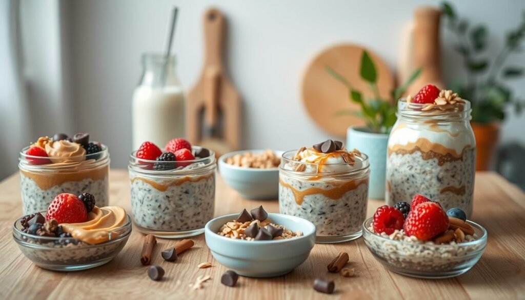 A visually appealing still life of peanut butter chocolate overnight oats variations, captured in a cozy, minimal kitchen environment with wooden textures and light blue accents. The foreground features an array of delectable oat dishes, each adorned with swirls of creamy peanut butter, dollops of rich chocolate, and garnished with fresh berries, toasted nuts, and a drizzle of honey. The middle ground showcases the key ingredients - rolled oats, almond milk, peanut butter, and dark chocolate chips - arranged neatly in small bowls. The background offers a serene, softly-lit setting, with a wooden table, simple white walls, and a touch of greenery for a natural, calming ambiance. The overall composition emphasizes the versatility and mouthwatering appeal of these delicious, nutrition-packed overnight oat creations.