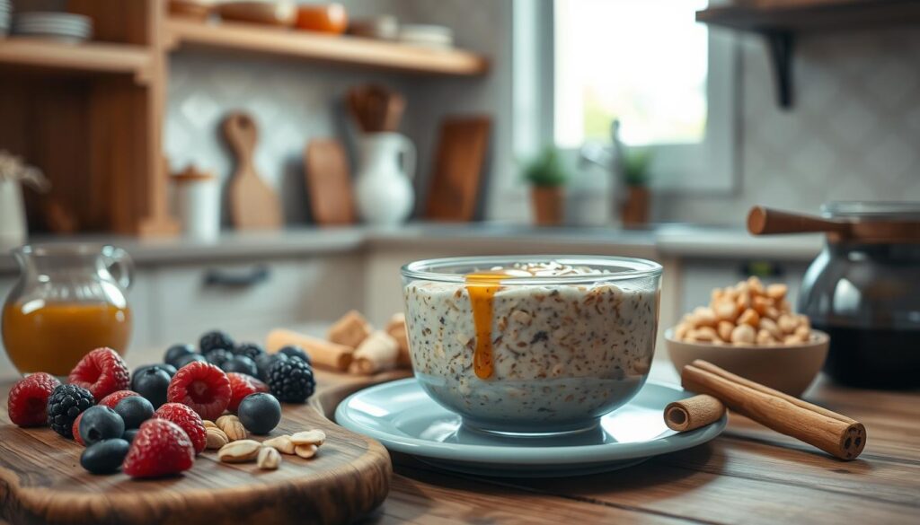 A visually appealing still life showcasing an array of healthy breakfast ingredients and customization options. In the foreground, a wooden board displays a variety of toppings, including fresh berries, sliced nuts, cinnamon sticks, and a drizzle of honey. In the middle ground, a bowl of overnight oats with a creamy, textured surface sits on a light blue ceramic plate. The background features a minimalist kitchen setting with wooden shelves, a subtly patterned backsplash, and soft, natural lighting filtering through a window, creating a warm, inviting atmosphere. The overall composition emphasizes the nutritional benefits and personalization possibilities of a customized overnight oats breakfast.
