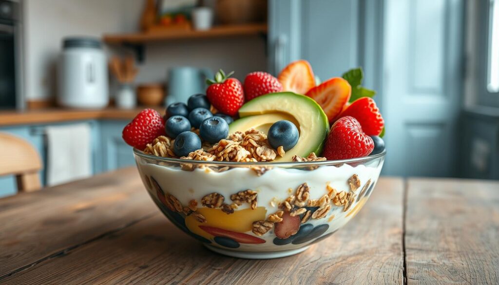 A visually appetizing arrangement of a creative breakfast bowl, featuring an array of vibrant, nutrient-rich vegan ingredients. In a cozy, minimal kitchen environment with wooden textures and light blue accents, the bowl is placed on a rustic wooden table, bathed in soft, natural lighting. Overflowing with a colorful mix of sliced avocado, fresh berries, crunchy granola, and a creamy, dairy-free yogurt base, the bowl invites the viewer to indulge in a nourishing and visually stunning start to the day. The overall mood is one of simplicity, health, and inviting artistry.