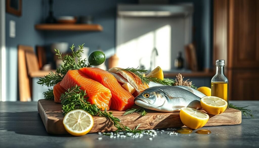 A visually arresting still life capturing an assortment of quality fish ingredients in a cozy, minimal kitchen. Centered on the frame, a selection of fresh fillets, including vibrant salmon, flaky cod, and tender tilapia, arranged atop a rustic wooden cutting board. Surrounding the seafood, an array of complementary elements - a bundle of aromatic herbs, a sprinkle of zesty lemon wedges, and a drizzle of golden olive oil, all bathed in soft, directional lighting that casts subtle shadows and highlights the textures. The muted blue-gray walls and wooden cabinetry create a calming, understated backdrop, allowing the vibrant colors and natural forms of the ingredients to take center stage.
