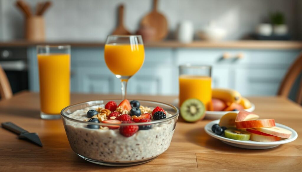 A visually balanced breakfast spread on a wooden table, capturing the nutritional harmony of overnight oats. In the foreground, a bowl of creamy, oat-based porridge, topped with a vibrant array of sliced berries, a drizzle of honey, and a sprinkle of chopped nuts. Alongside, a glass of fresh orange juice and a small side plate showcasing a selection of fresh fruit, including sliced kiwi, apple, and banana. The mid-ground features a clean, minimalist kitchen environment, with light blue accents and subtle wood tones, creating a calming, natural atmosphere. Soft, warm lighting illuminates the scene, highlighting the natural colors and textures of the ingredients.