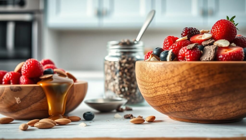 A visually enticing arrangement of assorted overnight oat toppings in a minimalist kitchen setting. In the foreground, a wooden bowl overflows with a vibrant medley of fresh berries, sliced almonds, and a drizzle of golden honey. In the middle ground, a glass jar contains chia seeds, shredded coconut, and chopped dark chocolate, accompanied by a spoon resting nearby. The background features clean, light blue cabinetry and a simple, yet inviting atmosphere, subtly illuminated by soft, natural lighting. The overall scene conveys a sense of wholesome, nutritious indulgence perfect for a busy weekday morning.