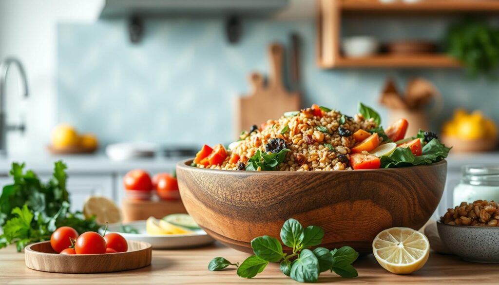 A visually striking arrangement of diverse global grain bowl recipes, showcased in a cozy, minimalist kitchen setting. The foreground features a central wooden bowl brimming with an array of vibrant, nourishing ingredients - quinoa, farro, roasted vegetables, leafy greens, and protein-rich toppings. The middle ground presents complementary mise en place - freshly chopped herbs, wedged citrus, and artisanal condiments. In the background, a light blue-accented backsplash and wooden shelving create a soothing, natural ambiance, inviting the viewer to explore these globally-inspired culinary delights. Soft, natural lighting bathes the entire scene, lending a warm, inviting atmosphere.