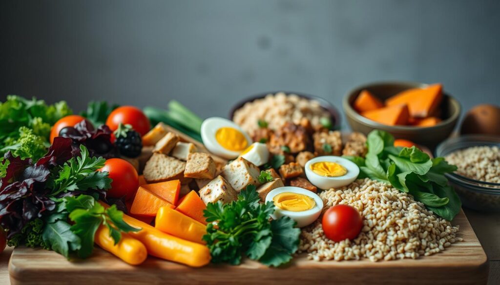 A visually striking still life showcasing the essential components of a balanced bowl lunch meal prep. In the foreground, a collection of fresh, seasonal produce arranged artfully - vibrant vegetables, crisp greens, juicy fruits. In the middle ground, an array of protein sources like grilled chicken, roasted tofu, and hard-boiled eggs. In the background, various whole grains and complex carbohydrates, such as quinoa, brown rice, and steamed sweet potatoes, all bathed in a warm, natural light that accentuates their earthy tones. The composition is anchored by a wooden cutting board or tray, lending a rustic, homespun feel to the scene. Overhead, the lighting is soft and diffused, creating a serene, inviting ambiance perfect for a nourishing, balanced meal.