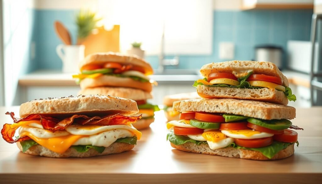 A warm, inviting kitchen with light wooden textures and soft blue accents. On the counter, an array of freshly made breakfast sandwiches in various creative variations. Fluffy eggs, crisp bacon, melted cheese, and an assortment of nutrient-rich toppings like avocado, spinach, and roasted tomatoes. The sandwiches are artfully arranged, showcasing their vibrant colors and textures. Soft, natural lighting illuminates the scene, casting gentle shadows and highlighting the handcrafted details. The overall atmosphere is one of health, comfort, and culinary inspiration.