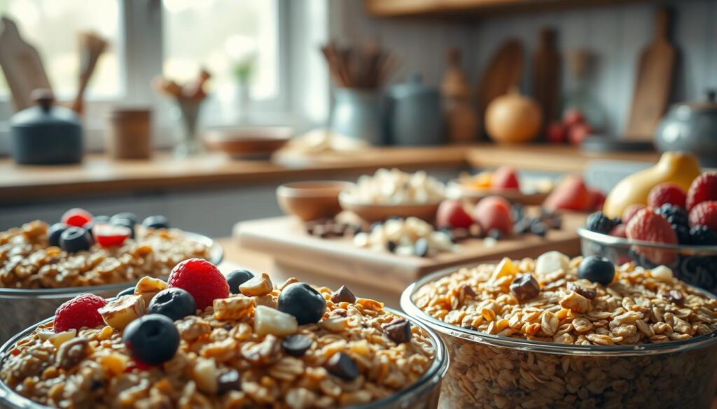 A warm, rustic kitchen filled with an assortment of creative baked oatmeal variations. In the foreground, an array of textures and colors - golden baked oats with fresh berries, chopped nuts, and a drizzle of honey. In the middle ground, a wooden cutting board showcases various oatmeal mix-ins, such as diced apples, shredded coconut, and chocolate chips. The background features a warm, natural-lit scene with minimal decor, highlighting the cozy, homey atmosphere. The overall mood invites the viewer to imagine the comforting aromas and flavors of these nourishing baked oatmeal dishes.