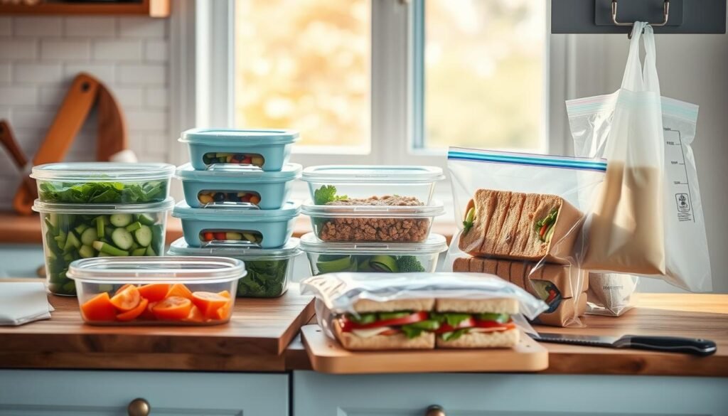 A warm, softly-lit kitchen with wooden countertops and light blue accents. Various meal prep containers, some open, showcasing the different stages of freezing techniques - vegetables being blanched, protein portions being sealed, and prepared sandwiches being packaged for the freezer. A cutting board with a knife rests nearby, and a couple of reusable silicone freezer bags hang on a nearby hook, demonstrating efficient storage options. The focus is on the practical, step-by-step process of optimizing meal freezing for healthy, convenient breakfasts.