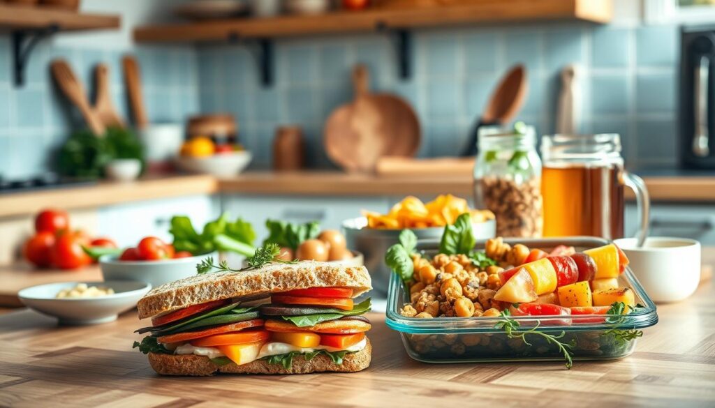 A warm, sunlit kitchen with light blue tiles and wooden countertops. On the countertop, an array of fresh, colorful ingredients for creative cold lunch recipes - crisp vegetables, juicy fruits, creamy dips, and artisanal breads. In the foreground, a well-crafted sandwich with layers of diverse textures and flavors. In the middle ground, a bento-style lunchbox filled with a vibrant quinoa salad, roasted chickpeas, and a refreshing fruit skewer. In the background, a glass jar of homemade granola and a thermos of chilled herbal tea, completing the scene of innovative "No Heat Lunchbox Meals Summer" ideas.