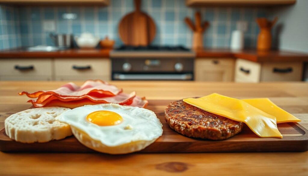A warm, well-lit kitchen with wooden countertops and light blue tiled backsplash. On the counter, a series of ingredients are neatly arranged - soft, buttery English muffin halves, crisp bacon strips, a perfectly cooked sausage patty, a fried egg with a runny yolk, and a slice of melty cheddar cheese. The camera angle captures the scene from an overhead perspective, showcasing the step-by-step assembly of a delicious breakfast sandwich. The soft, natural lighting creates subtle shadows and highlights the textures of the components, inviting the viewer to imagine the satisfying flavors and aromas.