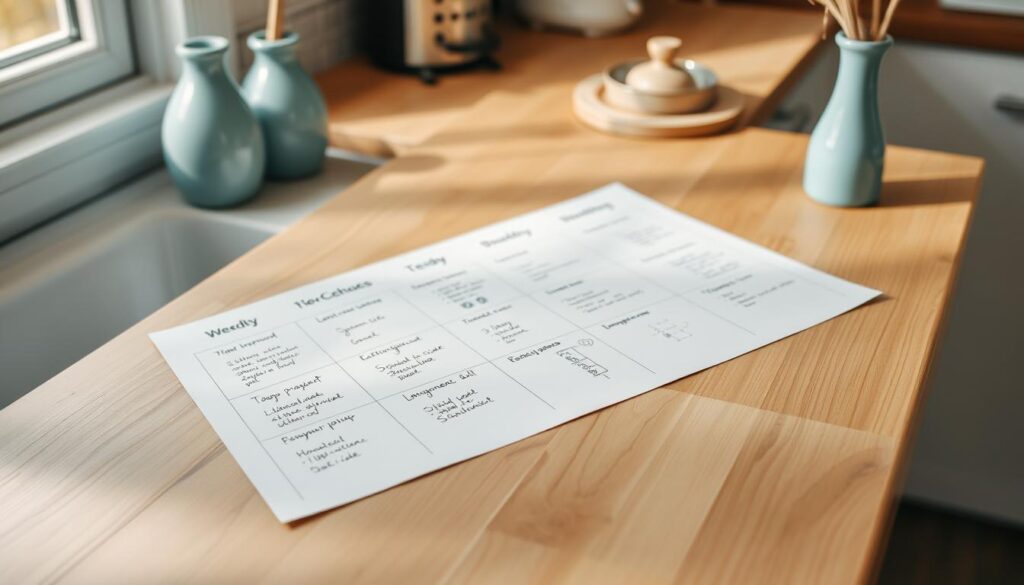 A weekly meal prep schedule laid out on a wooden kitchen counter, with a minimal, cozy atmosphere. The schedule is neatly organized into days, with hand-written notes and icons representing different breakfast items. Light blue accents, such as a vase or decorative element, complement the wooden tones. The scene is captured from a slightly elevated angle, with soft, natural lighting illuminating the details. The overall impression is one of intentional planning and a well-designed routine to support a healthy breakfast habit.