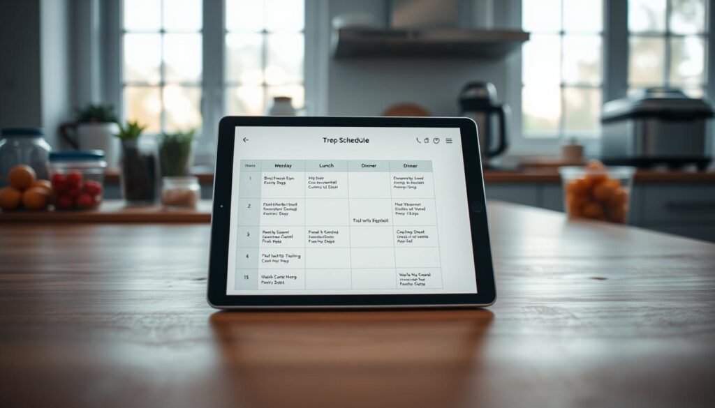 A weekly meal prep schedule neatly laid out on a wooden kitchen counter, with containers of fresh ingredients and appliances in the background. The schedule is presented on a sleek tablet device, its screen displaying a clean and organized layout of breakfast, lunch, and dinner options for the week. Soft, natural lighting filters in through large windows, casting a warm glow and highlighting the minimal, soothing color palette of light blues and natural wood tones. The overall atmosphere is one of efficiency, productivity, and a sense of calm control over the week's meals.