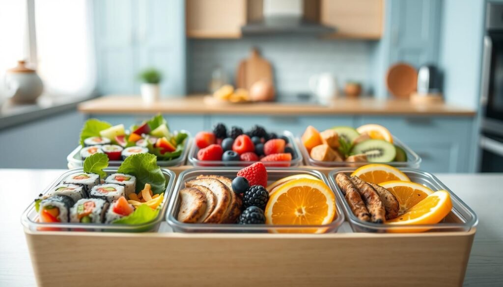 A well-balanced bento box arrangement featuring a variety of vibrant, health-conscious meals. In the foreground, an assortment of compartmentalized dishes: sushi rolls, colorful vegetable salads, grilled chicken, and a tidy pile of seasoned brown rice. The middle ground showcases fresh fruits, such as sliced kiwi, berries, and orange wedges, neatly arranged. In the background, a minimalist kitchen interior with light blue accents and natural wooden textures, creating a calming, inviting atmosphere. Soft, diffused lighting casts a warm glow, highlighting the visual appeal and nutritional benefits of these balanced bento-style meals.