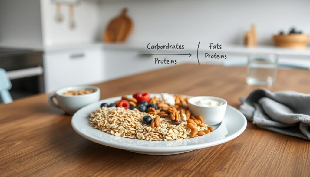 A well-balanced plate with a variety of nutritious foods, arranged in a visually appealing manner. On a wooden table, with light blue accents, a soft, even lighting illuminates the scene. In the foreground, a variety of diabetes-friendly ingredients such as oats, berries, nuts, and a small serving of Greek yogurt are neatly presented. In the middle ground, a simple, hand-drawn diagram illustrates the optimal ratio of carbohydrates, fats, and proteins for a diabetic-friendly meal. The background features a minimalist kitchen setting, with clean lines and natural textures, creating a calming, inviting atmosphere.