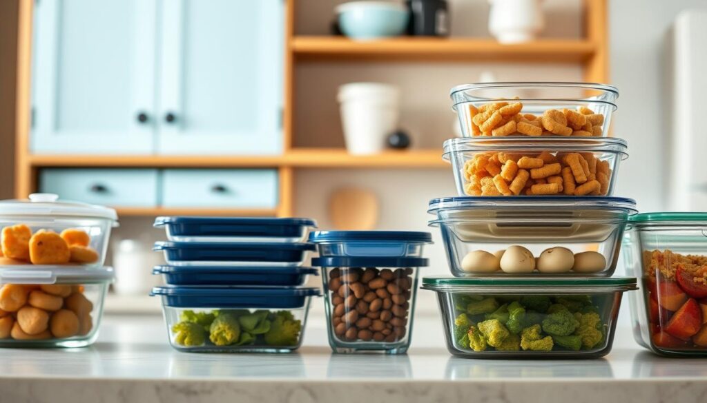 A well-lit kitchen counter showcases an assortment of glass and plastic food storage containers. The glass containers gleam with a transparent, premium quality, while the plastic ones display a more utilitarian, stackable design. In the background, a blurred wooden shelving unit with light blue accents provides a warm, minimalist ambiance. The scene conveys a sense of organization and attention to food freshness, perfectly capturing the essence of the 