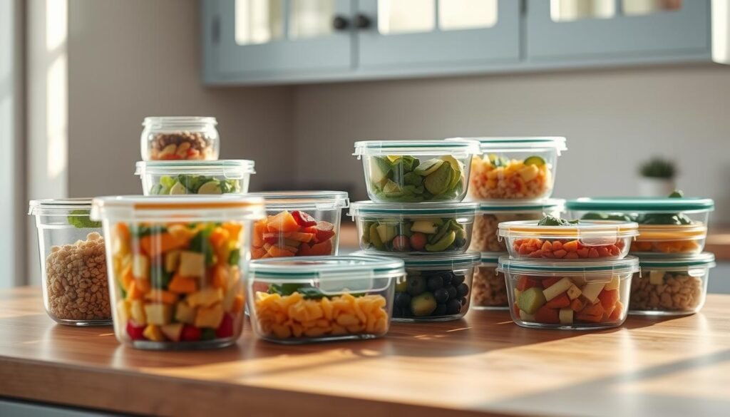 A well-lit kitchen counter showcases an assortment of transparent glass and plastic containers in various shapes and sizes. The containers are filled with an array of colorful ingredients, suggesting a breakfast meal prep setup. Soft natural light filters through the containers, creating a warm, inviting atmosphere. The wooden textures of the counter and the light blue accents on the surrounding cabinetry add a cozy, minimalist charm to the scene. The image captures the essence of 